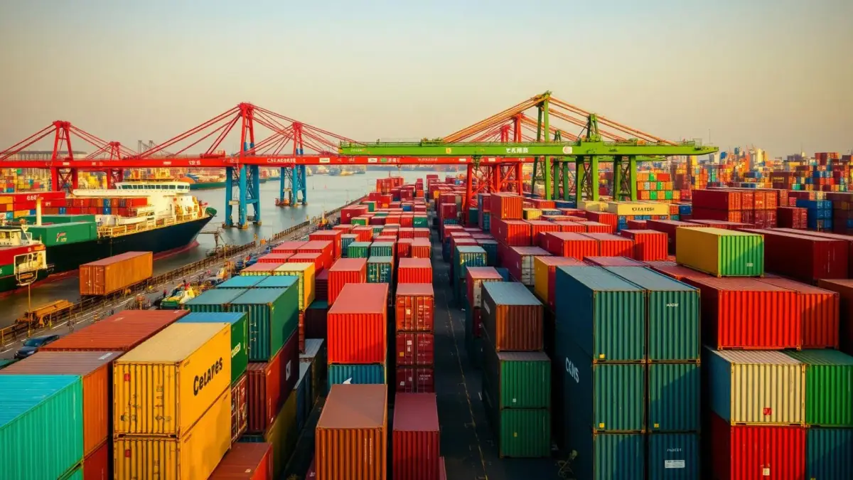 Shipping containers at a Chinese port ready for export